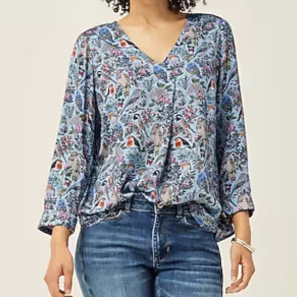 J. Jill Printed Satin V-Neck Popover Blouse Top Shirt Bird Floral Print XL NEW - Picture 2 of 7